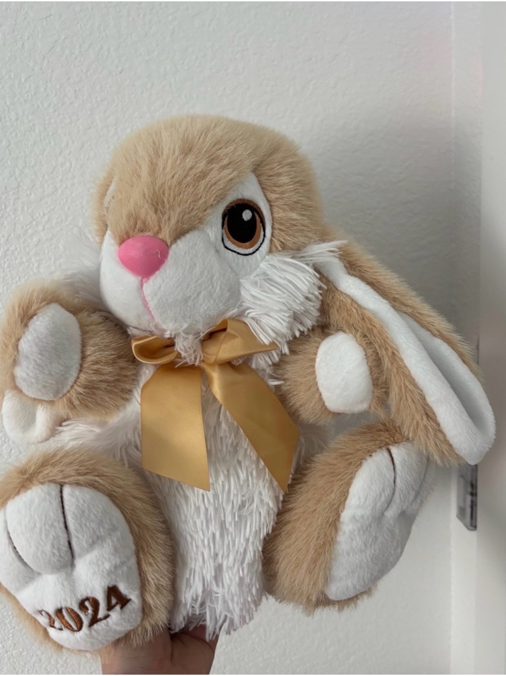 Plush Bunny Stuffed Animal in Beige with Gold Bow